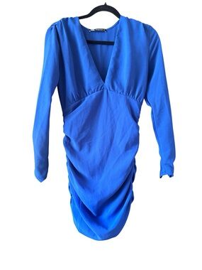 Zara Blue Ruched Mini Dress Long Sleeve Deep V Neck Bodycon Party Dress